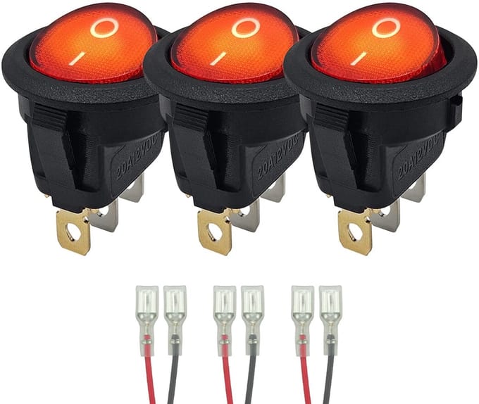 ProRide Wipschakelaar ON-OFF KCD2-12 - met Aansluitkabels - 3-pins - Rond - 12V/20A - Rood - 3 stuks