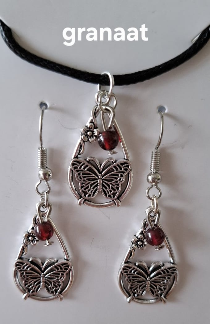 Set Granaat Ketting / Oorbellen Waterdruppel / Vlinder