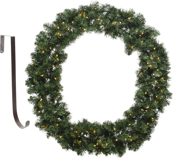 Kerstkrans - met verlichting - 60 cm- kunststof - met deurhanger ijzer