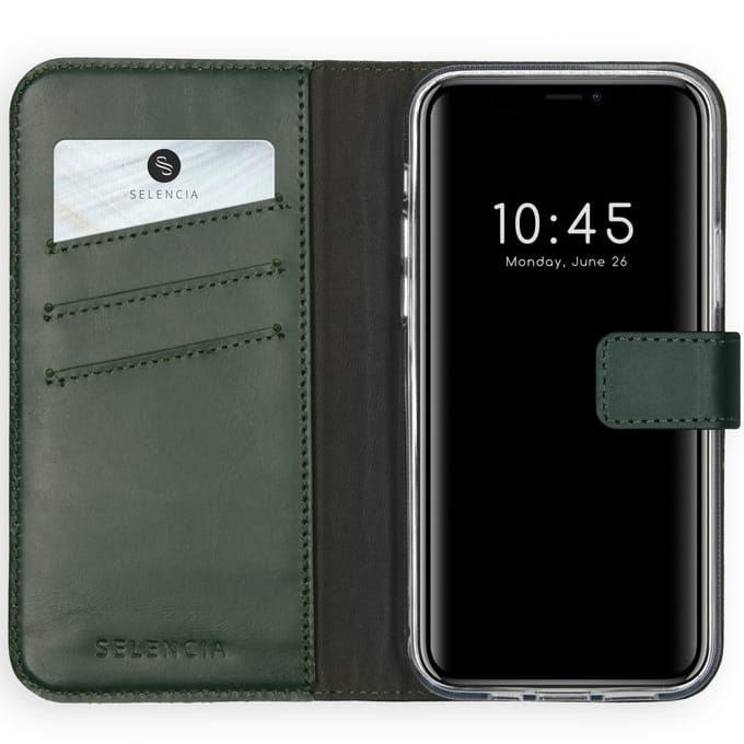 Selencia Hoesje - Geschikt voor Apple iPhone 12 Pro / 12 - Echt Lederen Bookcase - Groen