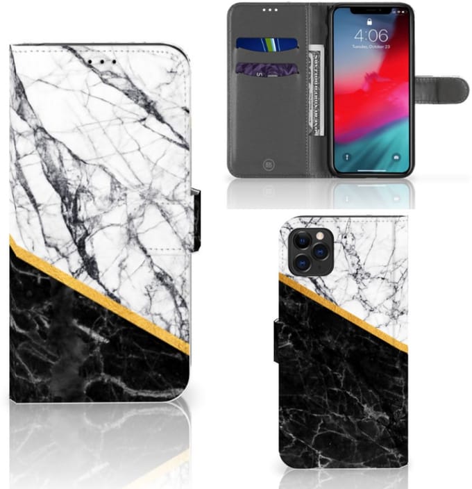 Apple iPhone 11 Pro Max Bookcase Marmer Wit Zwart - Origineel Cadeau Man