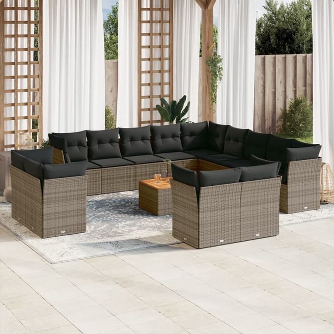 vidaXL - 14-delige - Loungeset - met - kussens - poly - rattan - grijs