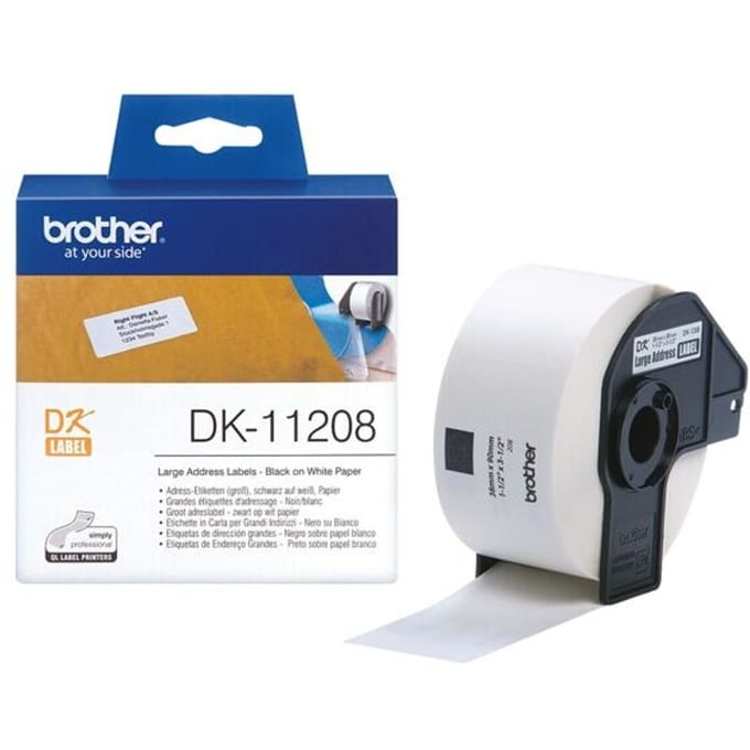 Brother DK-11208 Rol met etiketten 39 x 90 mm Papier Wit 400 stuk(s) Permanent hechtend DK11208 Adresetiketten