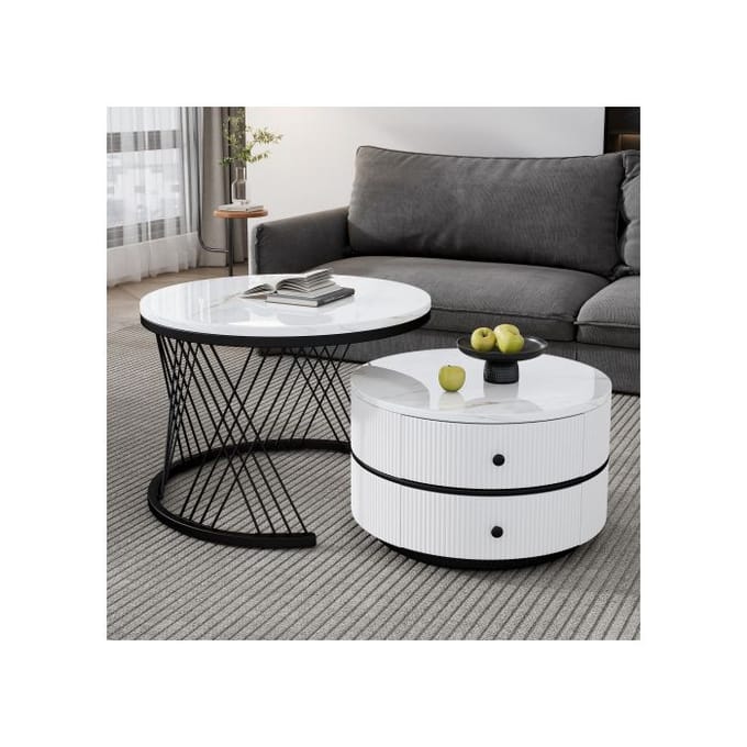 Set van stapelbare salontafels - MUVOE - Gepolijst marmer - 2 lades - Wit - 60x60cm en 50x50cm wit