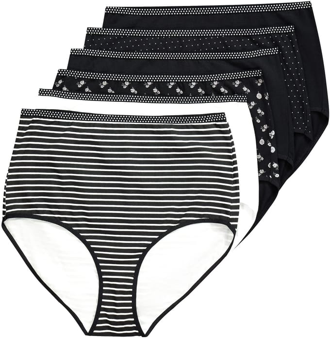 Ulla Popken - Dames - Maxislips set van 6 motief/effen - Zwart - Maat 46+
