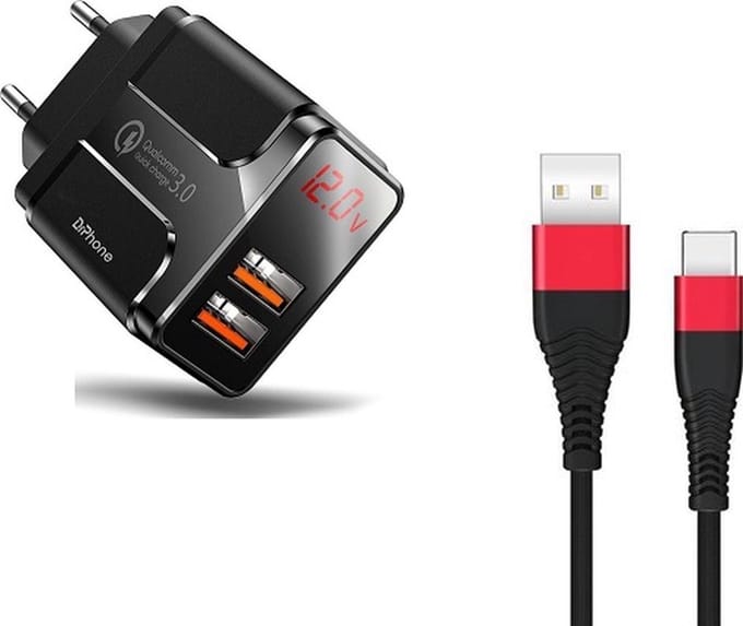 DrPhone ACC02 18W Thuislader - 2x USB 3.0 Qualcomm USB poorten met Digitale Display scherm + 1 Meter USB-C / Type-C Kabel - Zwart