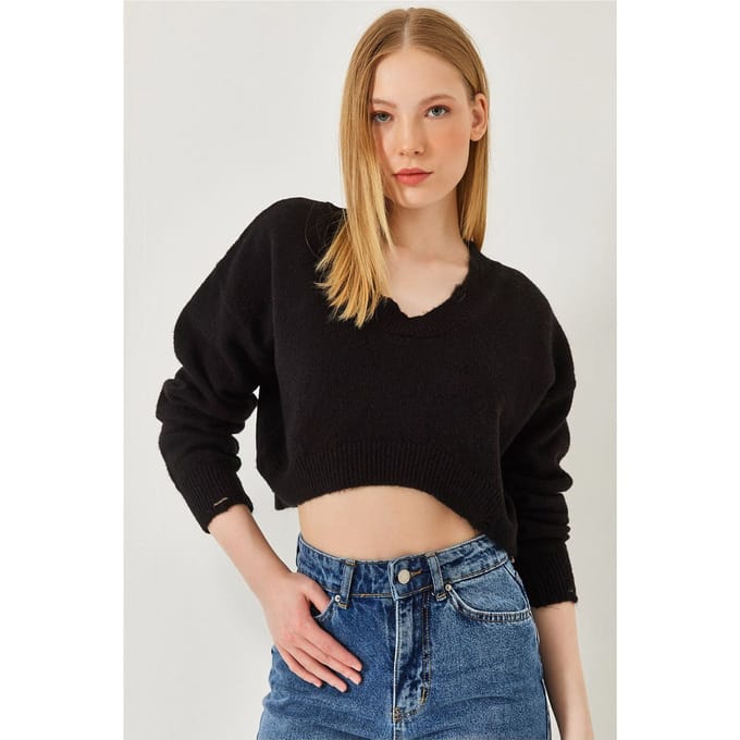 Gestructureerde V-hals Losse Maat Crop Brei Top