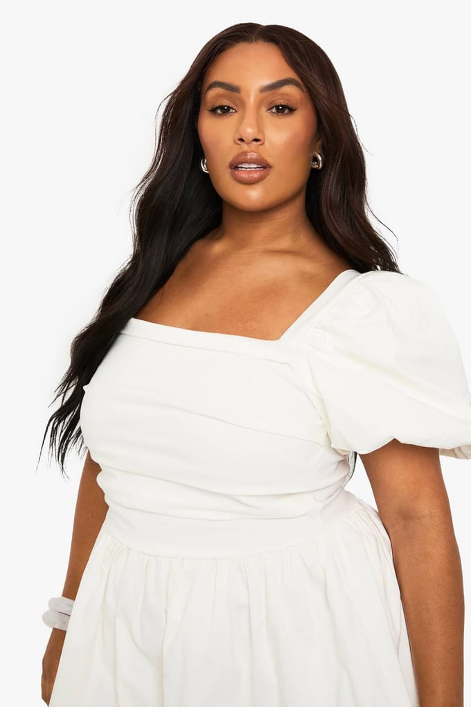 boohoo Dames Plus Puff Mouw Puffball Jurk | Wit | Maat: 54