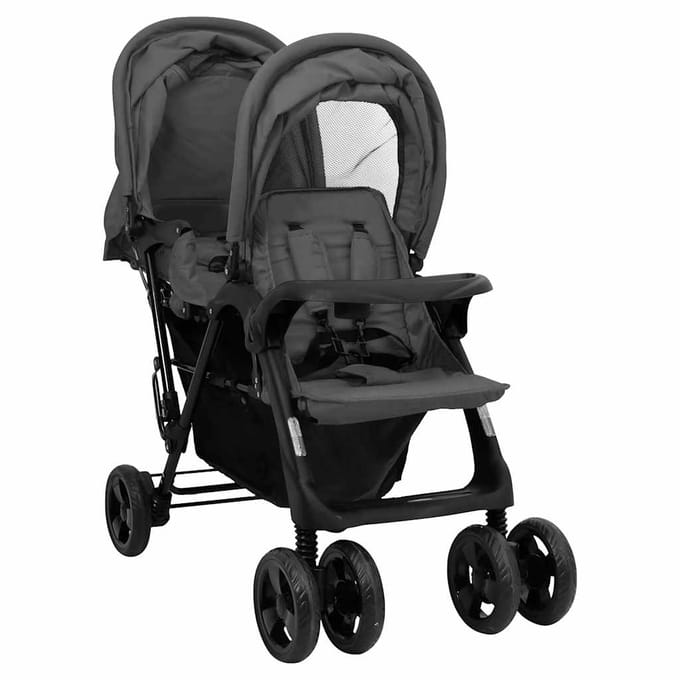 vidaXL - Tweelingkinderwagen - tandem - staal - donkergrijs