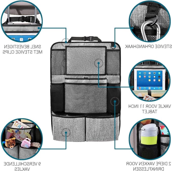 Car Seat Organizer - Car Organizer for Kids - With iPad Holder - Grey