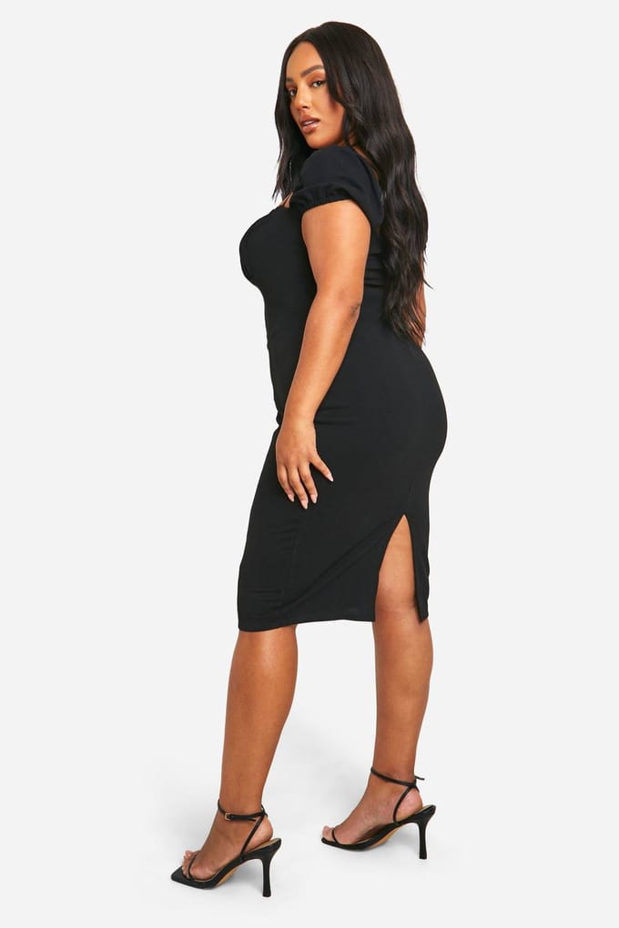 boohoo Dames Plus Pofmouw Midi Jurk | Zwart | Maat: 56
