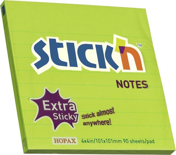 Stick'n Grote Sticky Notes - 101x101mm - Extra Sticky - Neon Groen - Gelinieerd - 90 Memoblaadjes