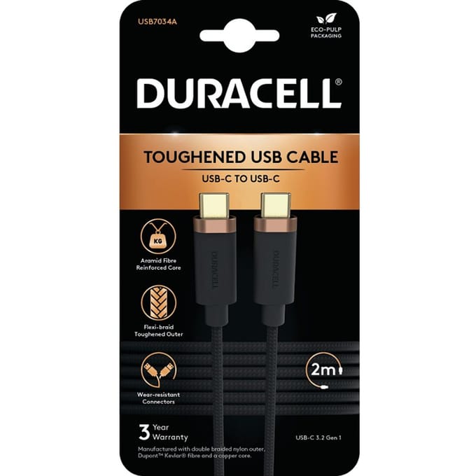 Duracell Toughened Kevlar MFi USB-C naar USB-C Kabel 2 Meter 65W / 5Gbps Zwart