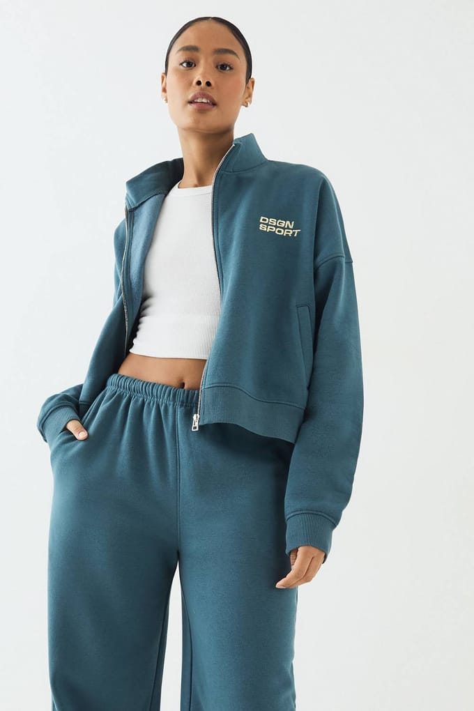Dames DSGN Studio Sport Funnel Neck Zip Through Bomber Trainingspak | Groenblauw | Maat: XL
