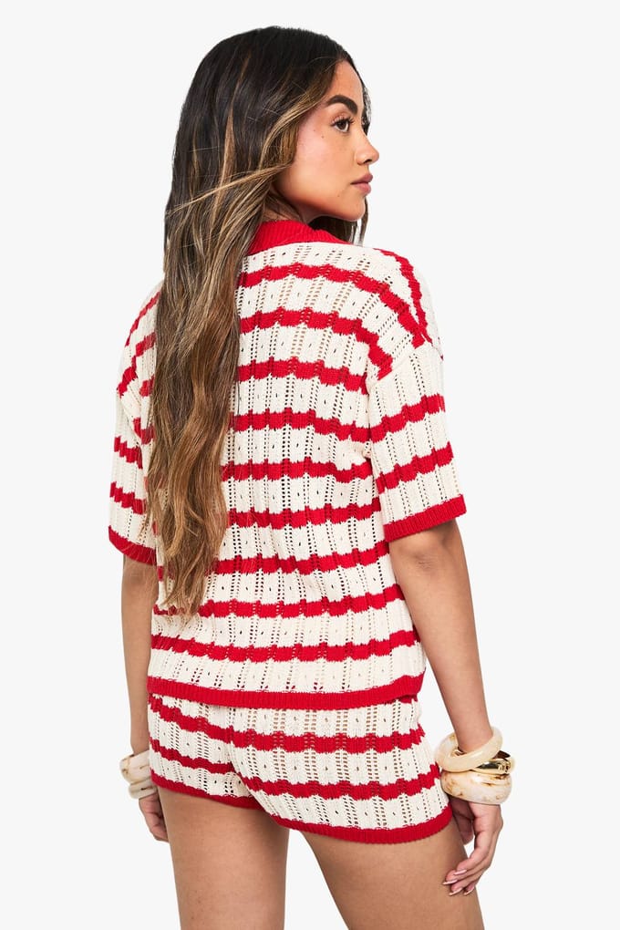 boohoo Dames Gehaakte Gestreepte Blouse Met Kraag En Korte Broek Set | Red | Maat: Medium