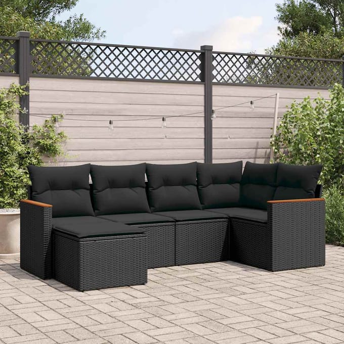 vidaXL - 6-delige - Loungeset - met - kussens - poly - rattan - zwart