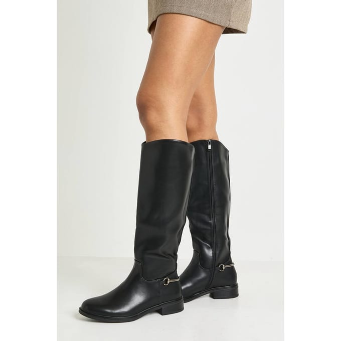 boohoo Dames Robuuste hardware details kniehoge platte laarzen | Black | Maat: 4