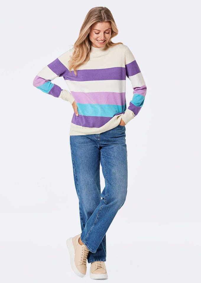 Tricot pullover met blokstrepen - beige / gedess. - Gr. 46 van Goldner Fashion