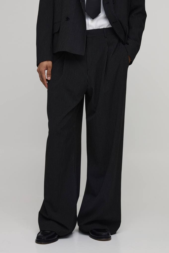 Gestreepte Wijde Pijpen Plooivoorkant Gesneden Pantalon | Black | Size 28