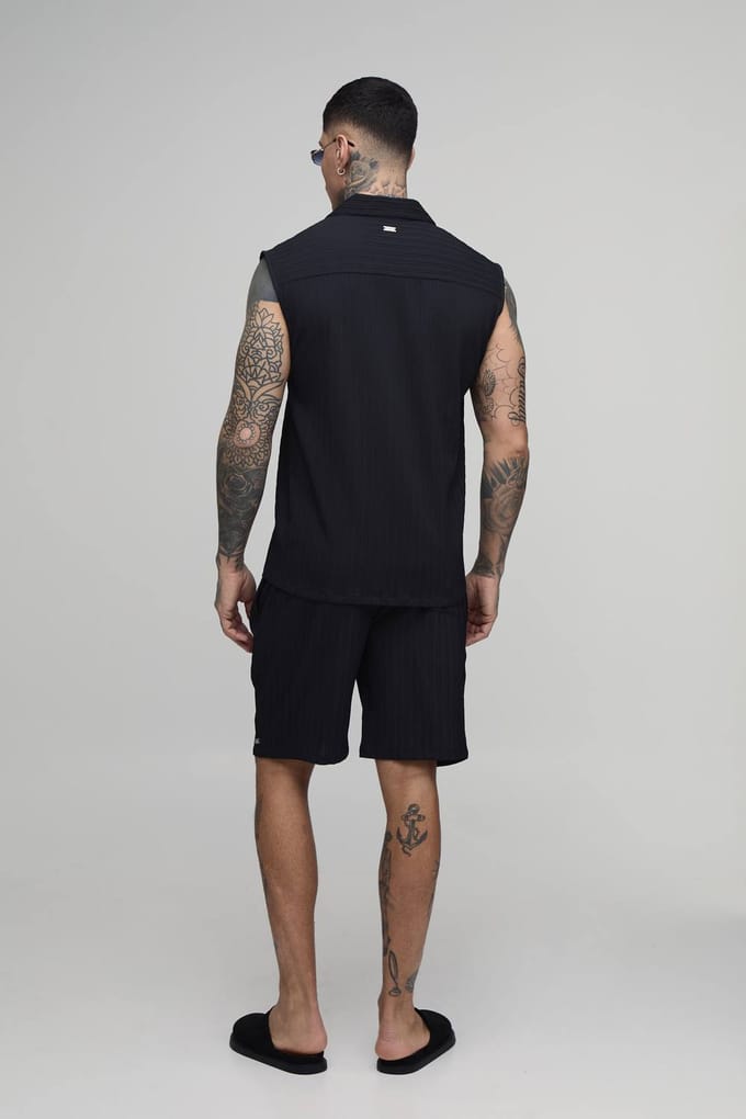 Lange Getextureerde Geplooide Shorts Met Ontspannen Pasvorm | Black | Size Medium