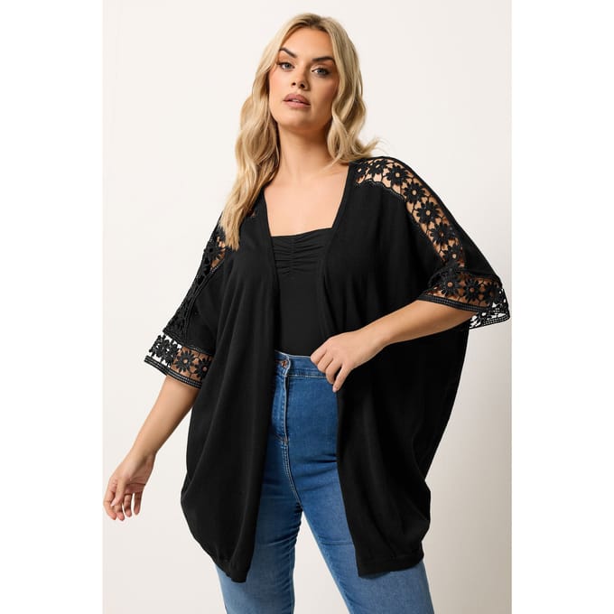 Yours Zwarte Kimono Met Gehaakte Mouwen Size 58-60