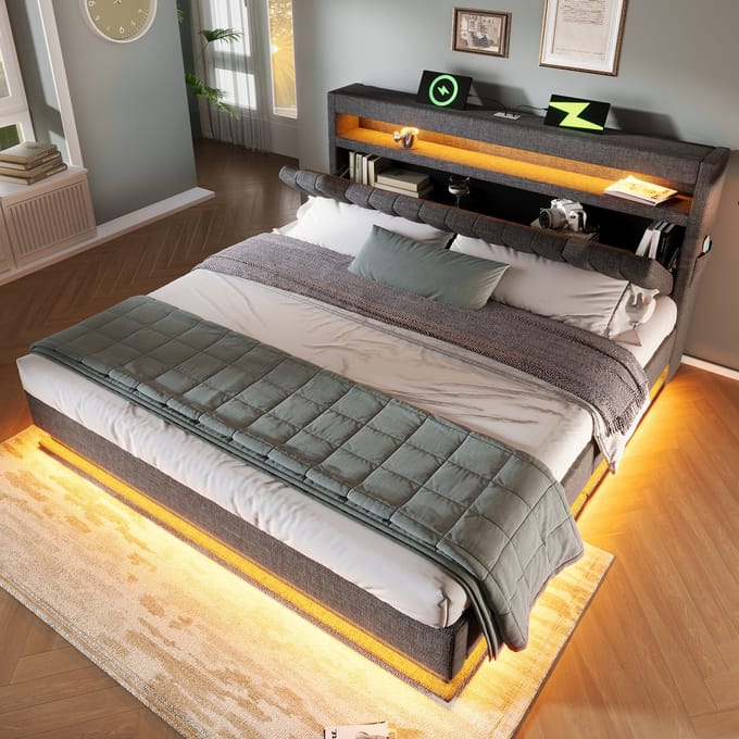 STILVORA Gestoffeerd bed 140x200 cm – Tweepersoonsbed met LED-sfeerverlichting en USB/Type-C-laadpunt – Linnen – Grijs – Zonder matras