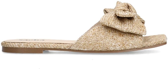 Sacha - Dames - Beige raffia slippers met strik - Maat 37
