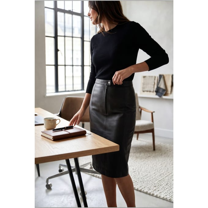 Dames zwarte leren Biker potlood lange midi rok - Belle