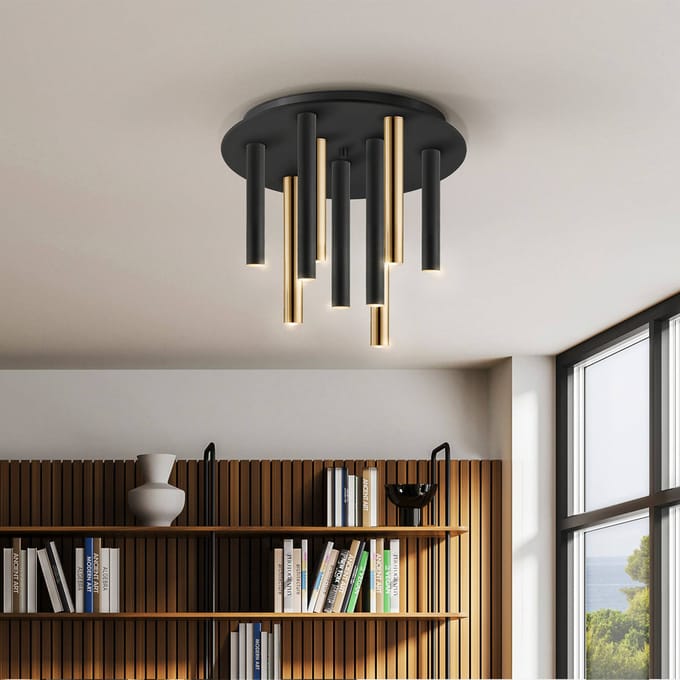 Schuller Valencia LED plafondlamp Varas dimbaar, 9-lamps, goud/zwart, metaal