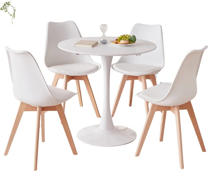 Solayne Tafel en stoelen - Eetkamerstoelen set van 4 - Keukentafel - Eettafel - PU kussen - Eetkamer/Keuken/Restaurant/Balkon - Wit