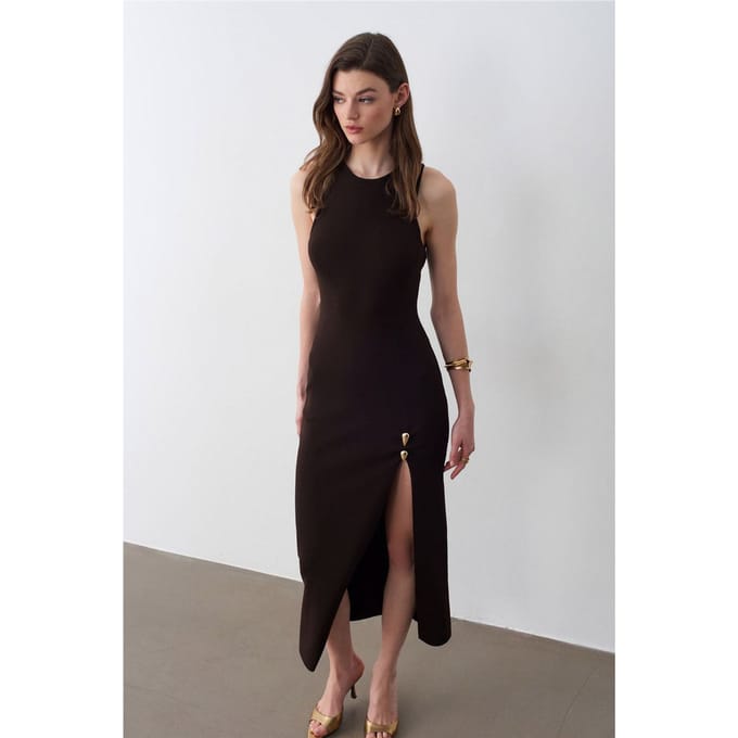 Mouwloze Ribbed Bodycon Midi Jurk