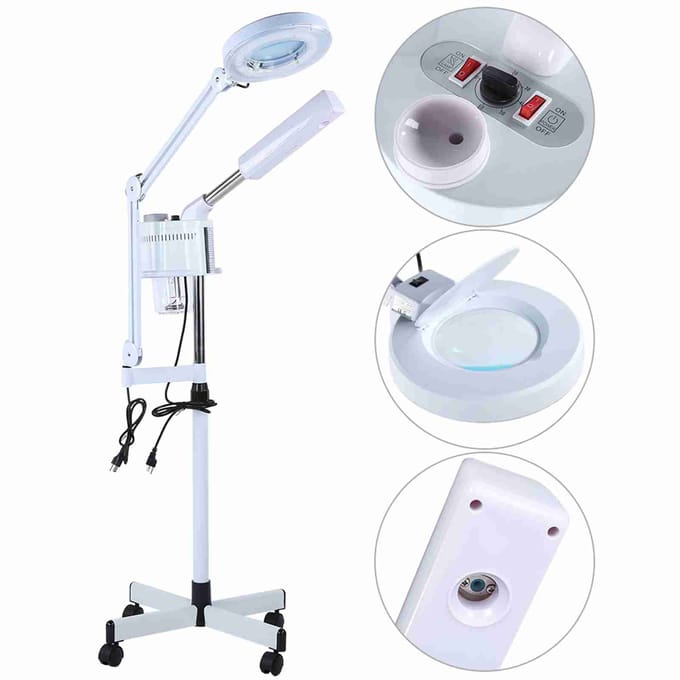 3in1 UV Gezichtsstomer Koud Licht LED 5x Vergrootglas Vloerlamp US Plug wit