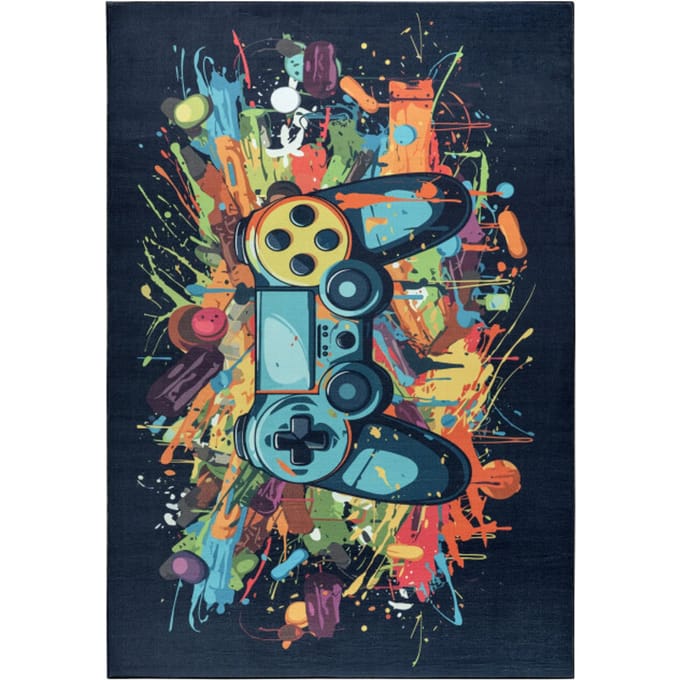 Muratap Kindervloerkleed gaming graffiti blauw multi wasbaar antislip- 80x150 cm