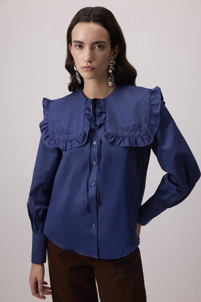Touché Privé - Blouse met ruches en matrozenkraag - Marine - Dames