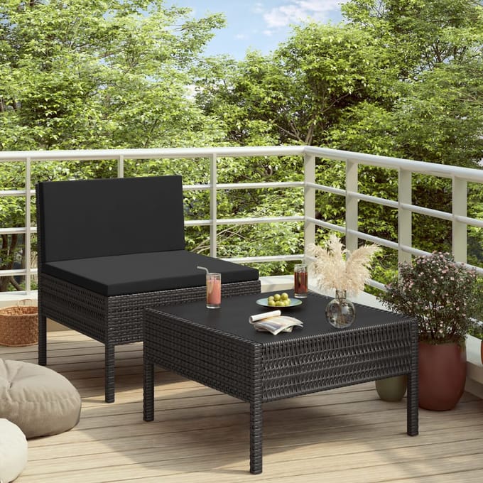 vidaXL - 2-delige - Loungeset - met - kussens - poly - rattan - zwart