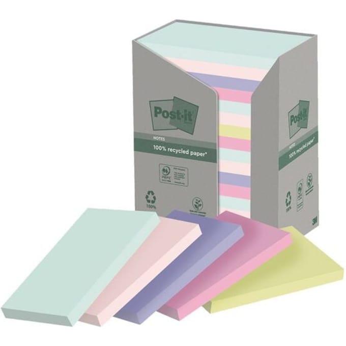 Post-it® sticky notes Recycling Notes 655-1RPT, B 127 x D 76 mm, PEFC® papier, gekleurd, 16 pads, 100 vellen/pad