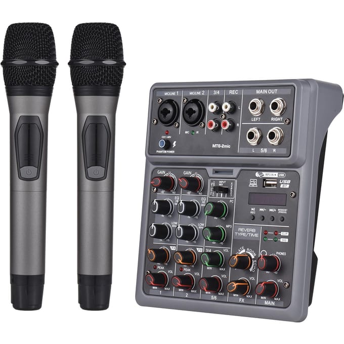 Audiomixer 6-kanaals mengpaneel met 2 draadloze microfoons BT-mixer OTG 4 DSP-scène-effecten US Plug