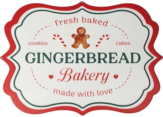 Dekoratief | Wanddeco 'Gingerbread Bakery', wit/rood, metaal, 50x35cm | A255787