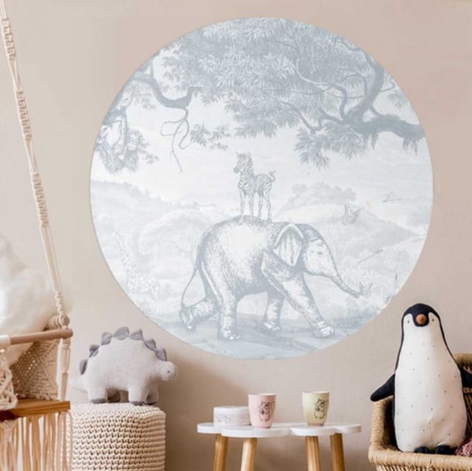 Behangcirkel 80cm Studio Wallz - Baby olifant en zebra schets blue