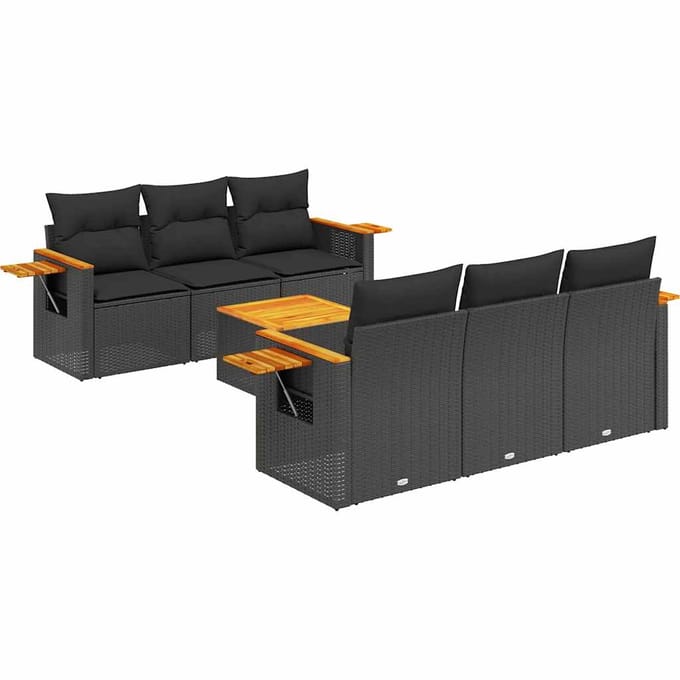 vidaXL - 7-delige - Loungeset - met - kussens - poly - rattan - zwart
