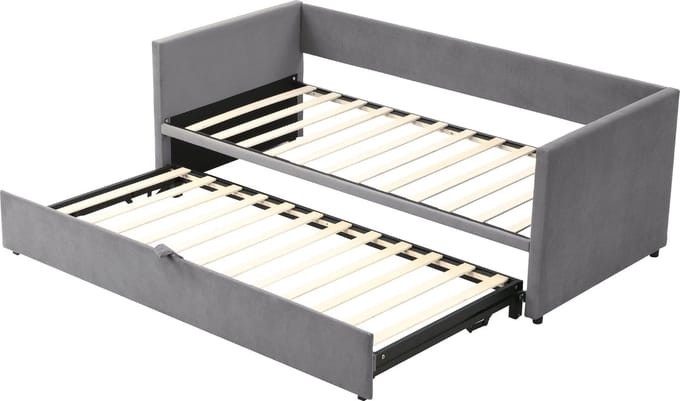 Merax 90/180 x 200 cm Uitklapbaar Slaapsofa - Multifunctioneel Gestoffeerd Bed met Lattenbodem - Grijs