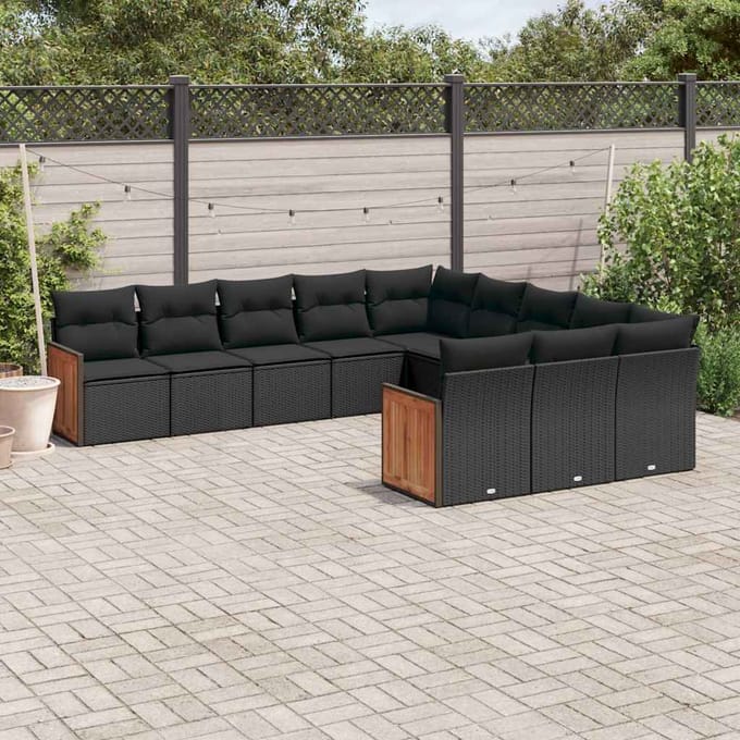 vidaXL - 11-delige - Loungeset - met - kussens - poly - rattan - zwart