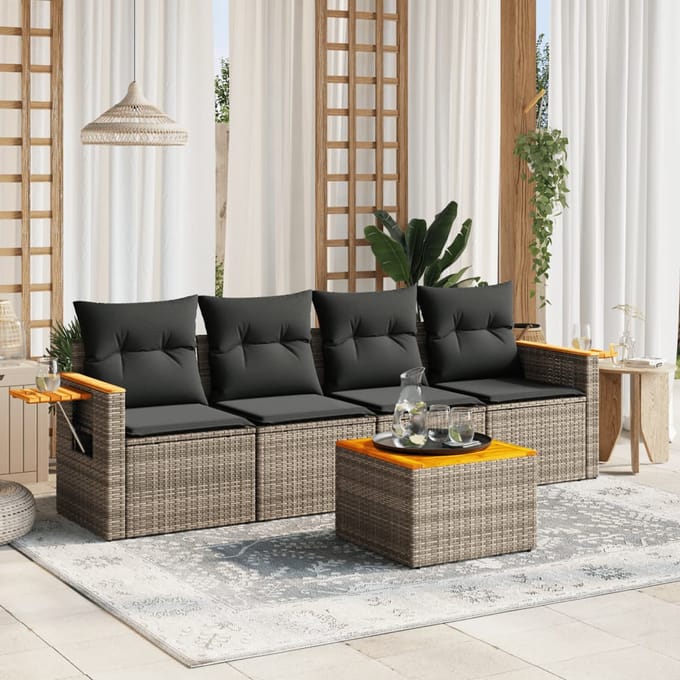 vidaXL - 5-delige - Loungeset - met - kussens - poly - rattan - grijs