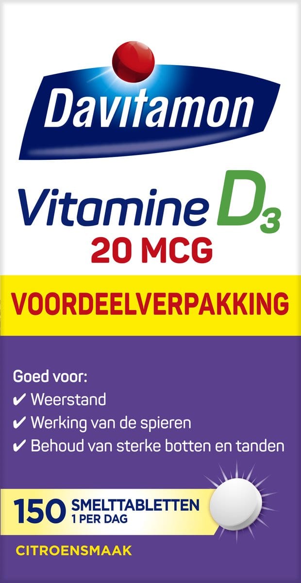 Davitamon Vitamine D3 20mcg Hoog Gedoseerd Voordeelverpakking 150 smelttabletten