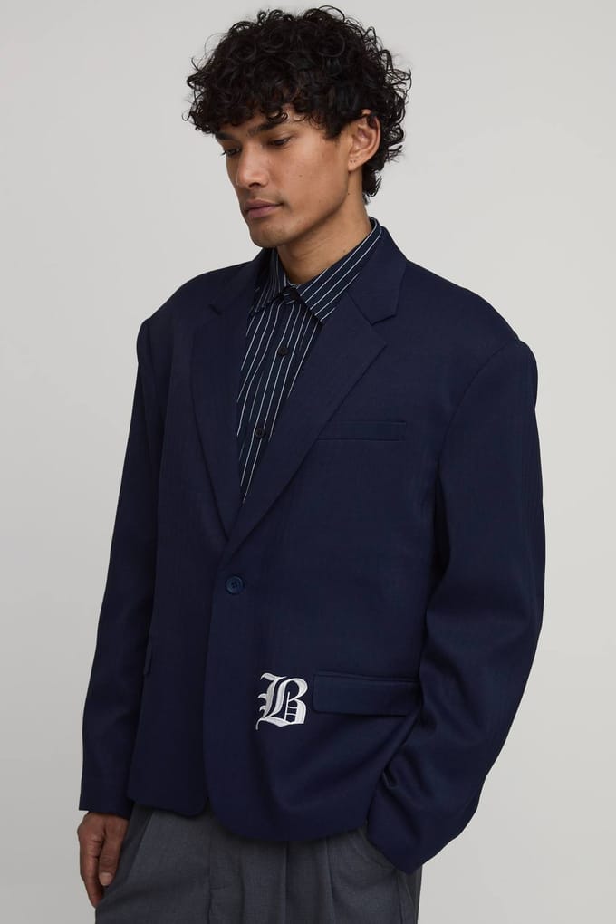 Oversized Blazer Met Visgraat Borduurwerk | Navy | Size 38