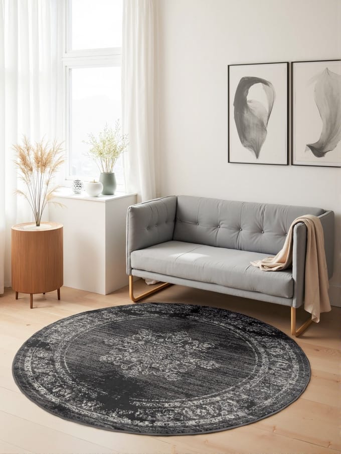 Flycarpets Rond Laagpolig Vloerkleed - Gloria - Lydia - Grijs 120cm rond Ø