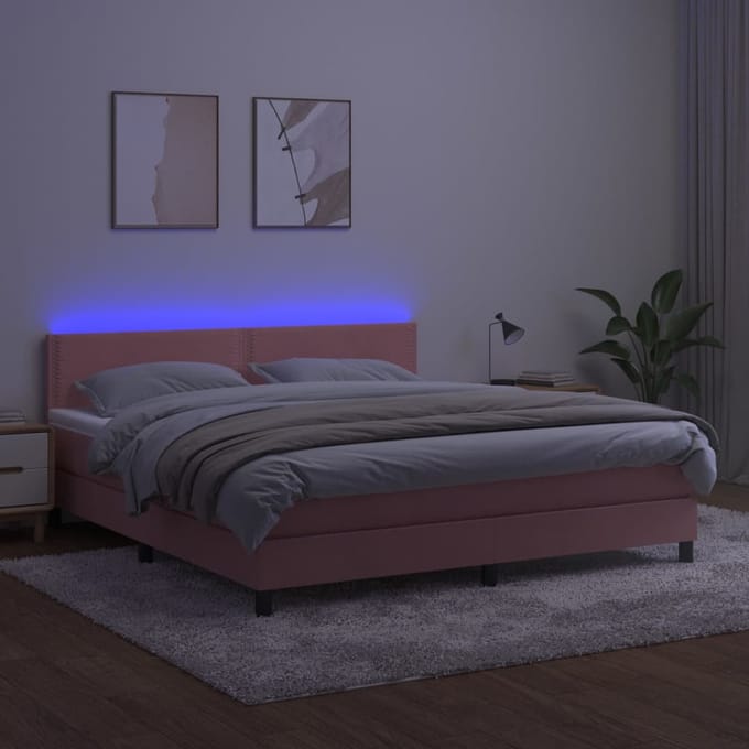 vidaXL - Boxspring - met - matras - en - LED - fluweel - roze - 160x200 - cm