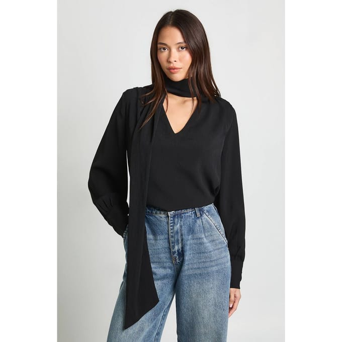boohoo Dames Sjaaldetail gerimpelde chiffonblouse | Black | Maat: 6