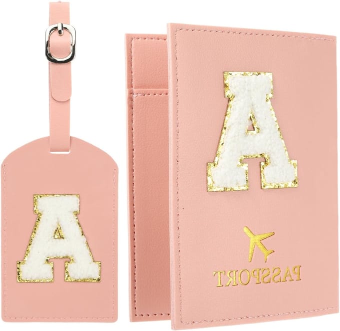 Reisdocumenthouder met Gepersonaliseerde Chenille Letterpatch, Paspoorthoes en Bagagelabel, Roze
