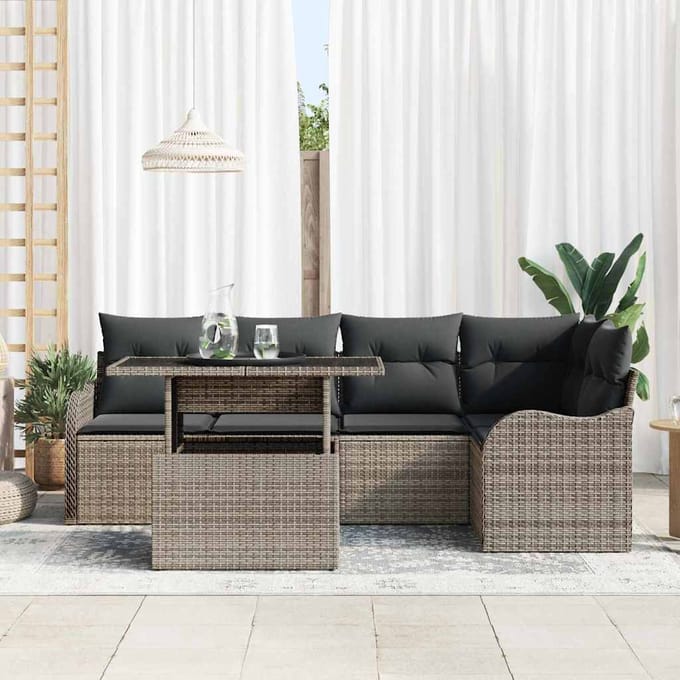 vidaXL Tuinbank Set met kussen met kussen 6 pcs Grijs Poly Riet